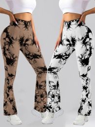 2 Pack Tie Dyed High Waisted Flared Butt-lifting Fitness Sports Women's Yoga Bell-bottom Pants, Workout Leggings For Women (Color: 2PACK1, size: M)