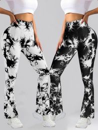 2 Pack Tie Dyed High Waisted Flared Butt-lifting Fitness Sports Women's Yoga Bell-bottom Pants, Workout Leggings For Women (Color: 2PACK3, size: S)