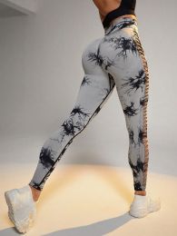 Cut Out Side Hollow Tie Dyed Yoga Pants, High Waist And Hip Lifting Fitness Pants With Side Hollow Seamless Sports Tights (Color: Grey, size: M)