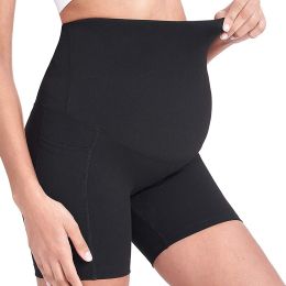 Women Maternity Shorts Seamless Pregnancy Underwear Shapewear Fitness Yoga Running Shorts High Waist Over The Belly Pants with Two Side Pockets (Color: Black, size: XXL)