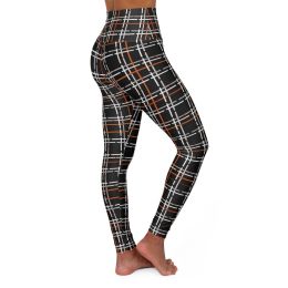 High Waisted Yoga Leggings, Black And Orange Tartan Style Pants (size: M)