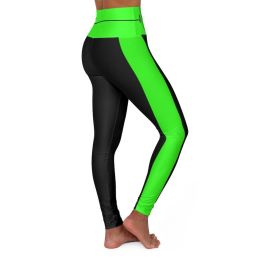 High Waisted Yoga Leggings, Black And Neon Green Beating Heart Sports Pants (size: XL)