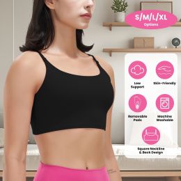 1Pc/3Pcs Women Strap Sport Bras Padded Strappy Crop Square Neck Low Impact Bras Sexy Fitness Tank Tops (Color: 1Pc Black, size: S)