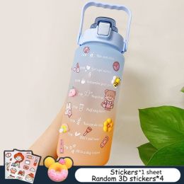 2L Large Capacity Water Bottle With Bounce Cover Time Scale Reminder Frosted Cup With Cute Stickers For Outdoor Sports Fitness (Color: with Stickers 1)