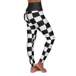 High Waisted Yoga Leggings, Black And White Checker Style Fitness Pants (size: L)